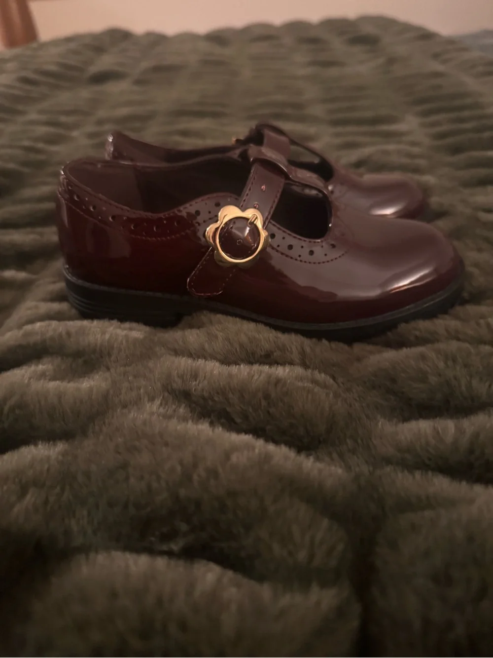 GAP Girls Patent Mary Janes in Deep Burgundy with Gold Buckle
